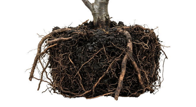Exposed tree roots holding block of fertile dark soil