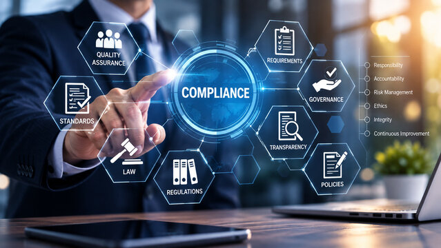 AI generated business professional using digital compliance interface quality assurance standards law regulations governance transparency policies risk management