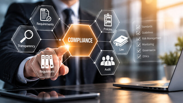 AI generated business professional selecting compliance interface requirements policies law audit regulations transparency governance ethics risk management controls