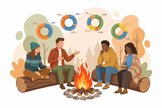 Business Team Meeting Around a Campfire with Data Charts