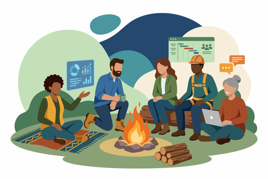 Business Team Collaborating Outdoors Around Campfire with Data Charts
