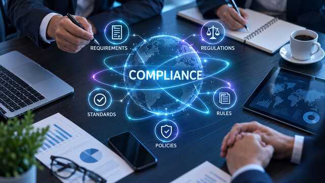AI generated business team reviewing glowing global compliance interface regulations standards policies rules requirements for corporate governance risk control legal management