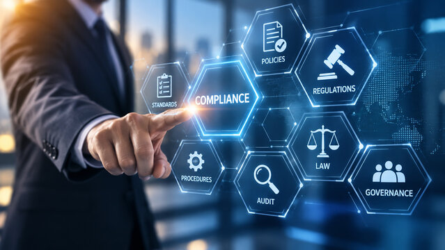 AI generated business professional selecting digital compliance interface regulations policies standards audit law governance procedures for corporate risk control