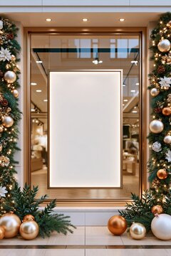 Festive storefront window display with golden ornaments, pine garlands, and illuminated blank sign for holiday advertising
