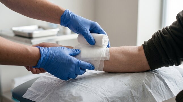 Doctor wearing blue gloves applying a medical bandage to a patient arm in a clinic