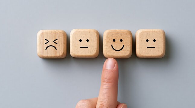 Feedback and customer satisfaction rating with a wooden block emotion selection