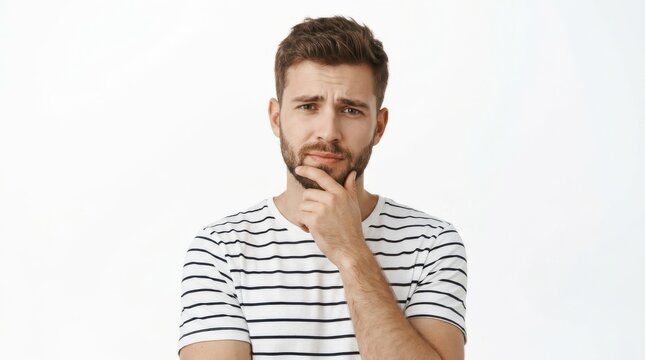 Young man with a beard wearing a striped shirt looking confused and thoughtful while touching his chin
