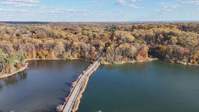 Aerial View of Hoopes Reservoir and Autumn Foliage in Wilmington, Delaware