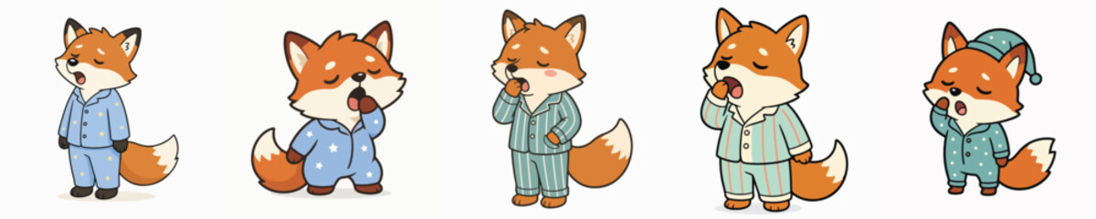Fototapeta premium Set of cute vector foxes in pajamas, looking sleepy and yawning.