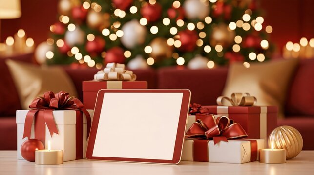 Holiday gift boxes with red and gold ribbons arranged around a blank tablet mockup, festive christmas tree with bokeh lights in background