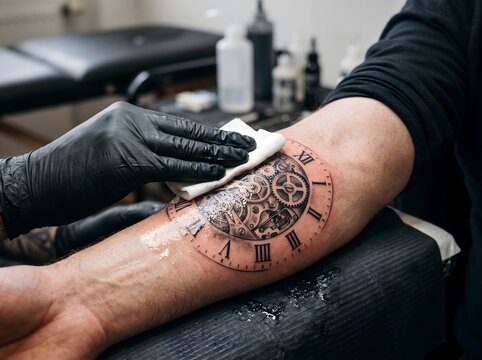 Tattoo artist cleaning fresh clock tattoo on client arm