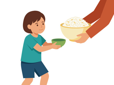 Child Receives Bowl of Rice from Helping Hand