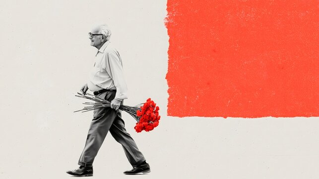 Senior man holding a bouquet of red flowers against a red accent background, stylish and sophisticated