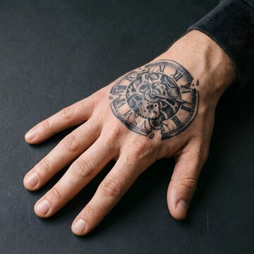 Broken clock tattoo with gears on the back of a hand
