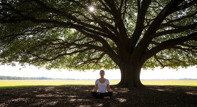 Young woman meditating in lotus position under a giant ancient tree, enjoying peace and mindfulness in nature
