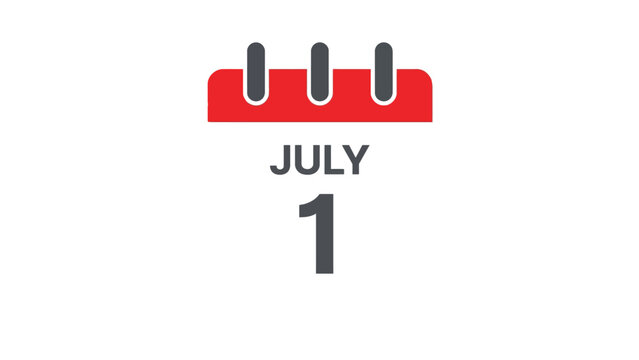 Minimalist vector calendar illustration showing july first date with bold red header and grey typography elements