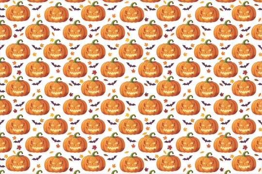 Halloween seamless pattern with pumpkins, bats, and leaves in flat 2D style. Vector illustration for spooky wallpaper and background.