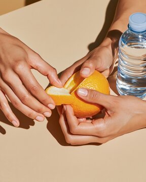 Close up of hands peeling fresh orange beside clear water bottle on beige surface with soft shadows and natural light