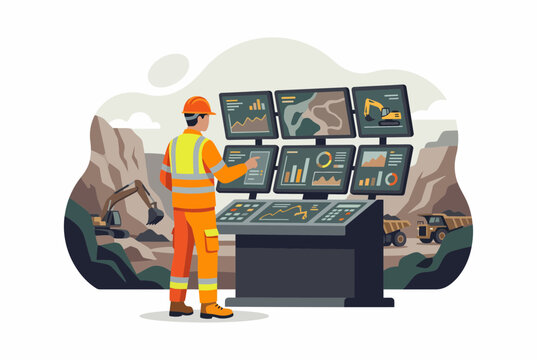 Mining operator monitoring open pit site equipment via digital screens