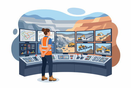 Remote mining control room operator monitoring open pit site operations