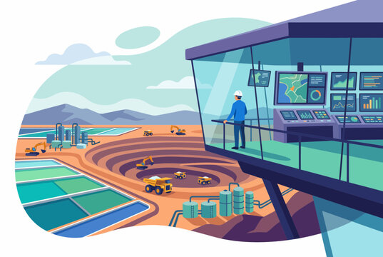 Mining operator monitoring heavy equipment at open pit site via screens