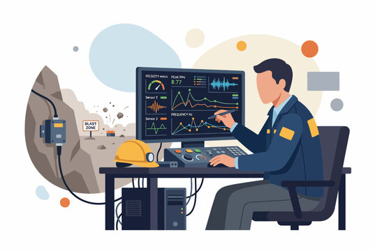 Mining operator monitoring open pit site data on digital screens