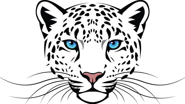 Stylized vector illustration featuring a majestic snow leopard head with striking blue eyes and whiskers