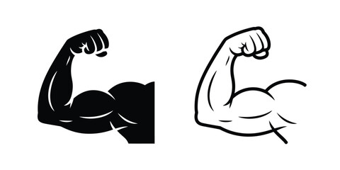 Obraz premium Bicep Flex Muscle Icons, Strength, Fitness, Bodybuilding, Exercise, Power, Arm Training, Anatomy, Athletic Performance Vector Illustration