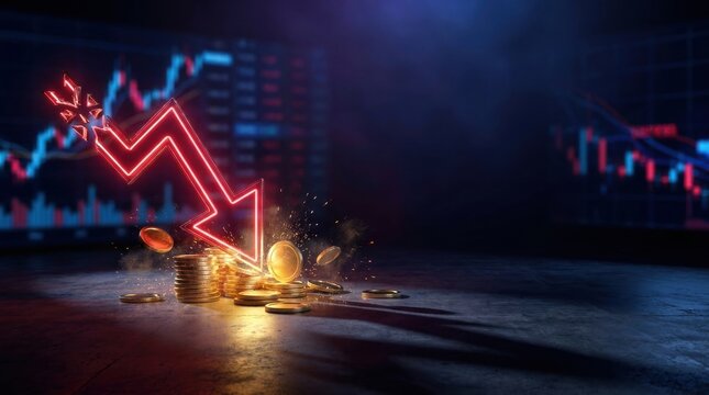 Central Bank Digital Currency Currency devaluation red arrow g glowing over illuminated metropolitan financial district