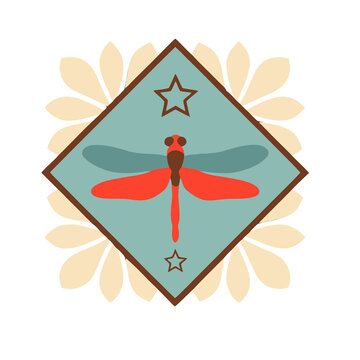 Red dragonfly illustration with stars and flower petals