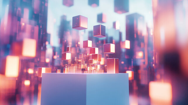 Futuristic technology abstract cubes rising in dynamic motion with neon lighting