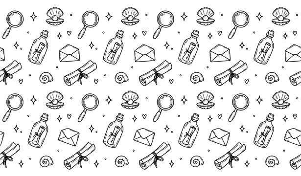 Black and white seamless doodle pattern with magnifying glass pearl and letter in bottle