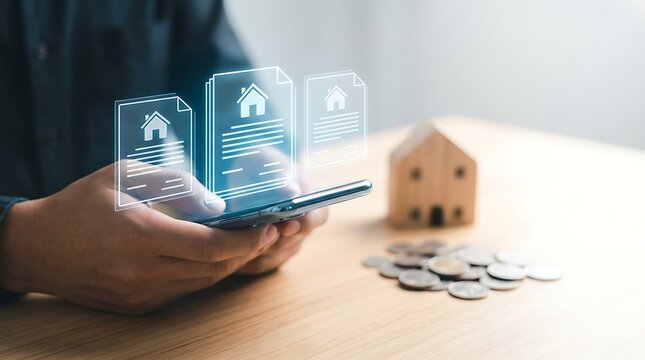 Closeup of a person using a smartphone to manage real estate documents with digital house icons, representing property investment, home insurance, or mortgage application concepts