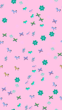 Pattern of cartoon horses, flowers, and abstract shapes on pink