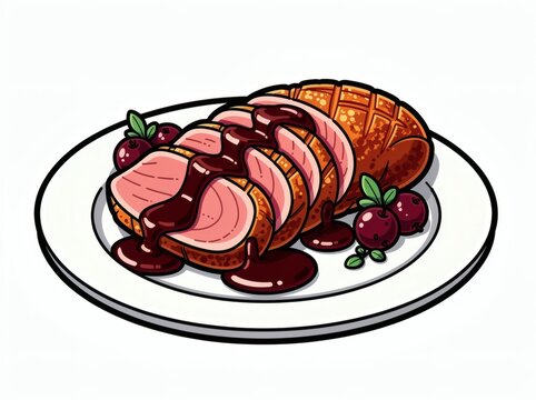 Duck breast slices served on a white plate are topped with a rich dark berry sauce and accompanied by fresh cranberries and herbs to create a gourmet meal presentation.
