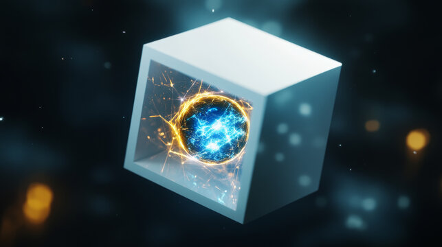 Mysterious energy sphere glowing inside a futuristic illuminated cube