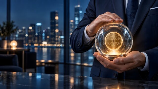 Businessman holding a glowing crystal ball with a digital circuit pattern inside overlooking a city skyline at night