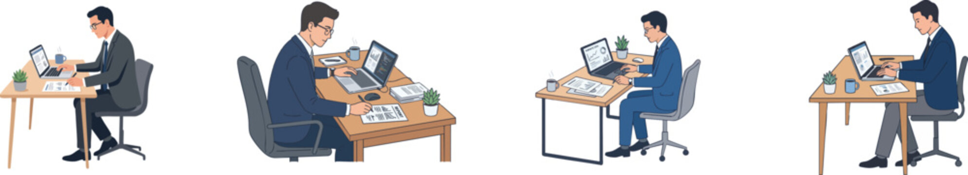 Minimalist vector illustration of a businessman working at a desk with a laptop and document, vector isolated on white