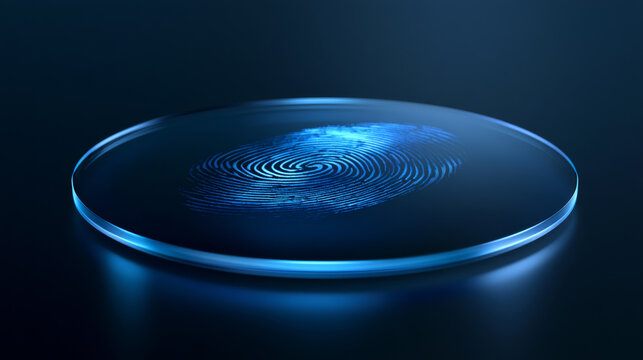 Blue tech fingerprint recognition security concept with abstract glowing light patterns