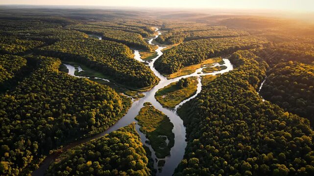 Wide aerial view of a winding river system and delta branching through a lush green forest landscape during golden hour sunset, showing intricate organic vein-like water patterns.