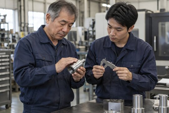 Veteran and younger technician standardizing skills with measurement