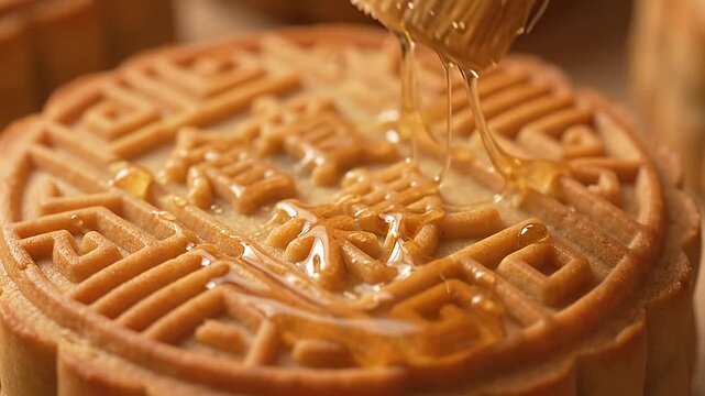 Traditional Chinese mooncake being glazed with syrup using pastry brush in macro bakery setting