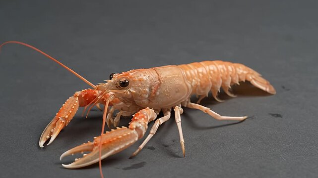 Raw Norway lobster langoustine scampi resting on dark surface in detailed macro studio shot