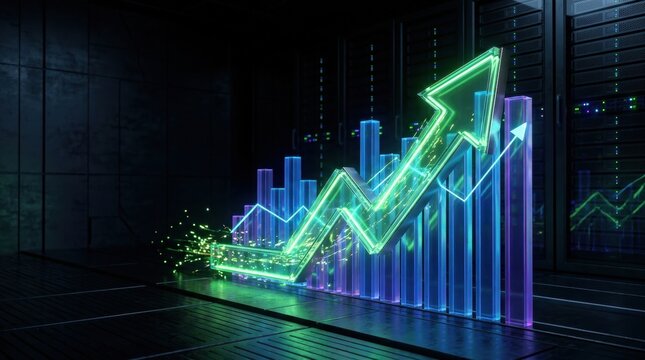 Global enterprise commerce and leadership concept showcasing Soaring green arrow financial gr in professional environment