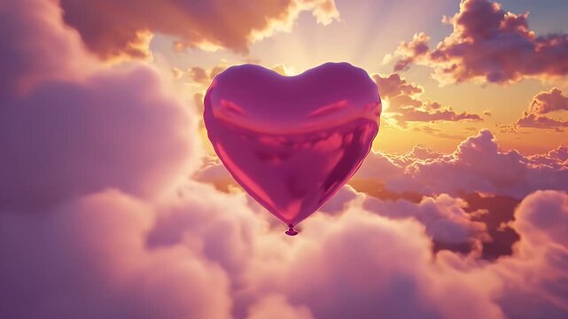 Heart-shaped pink hot air balloon floating high above luminous sunset clouds in a dreamy sky