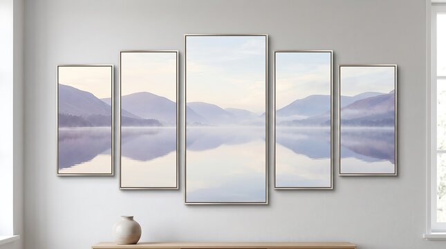 Landscape art print wall decor split panel photo featuring serene lake mountains at sunrise, interior design home decoration