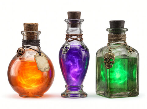 Three magic potion bottles with colorful glowing liquids and skull charms for Halloween decor