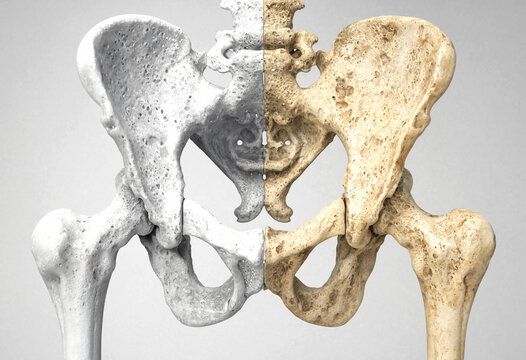 Human Pelvis Bone Comparison Showing Healthy and Osteoporotic Conditions Side by Side