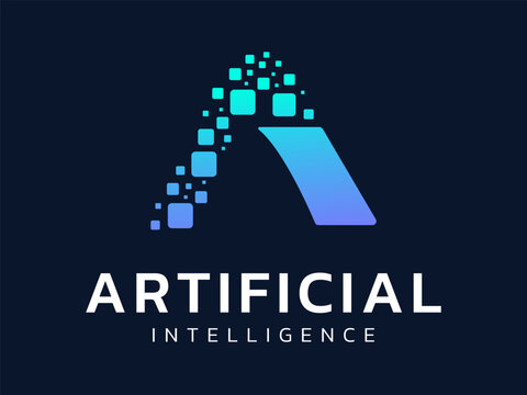 Artificial intelligence with digital square pixel Elements Forming Letter A Shapes vector illustration logo design concept, representing network security, ui, automation, AGI, Digital Transformation.