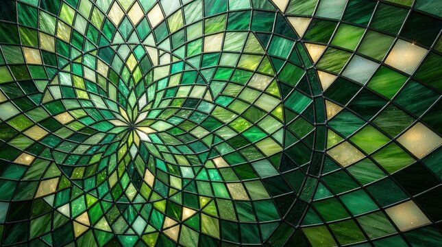 Abstract green stained glass window with geometric pattern